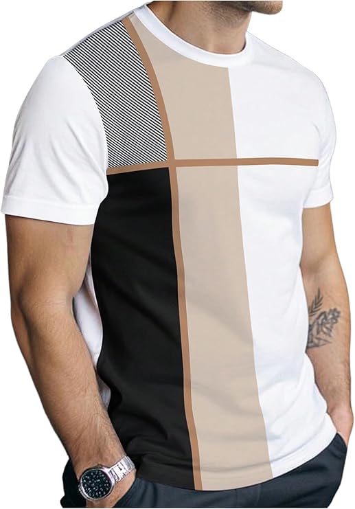 Men's Casual T Shirts Short Sleeve Crew Neck Color Block Graphic Tees Shirt Summer Tops